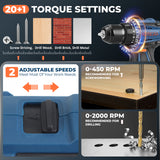 KEYBOAA 21V Brushless Power Drill Set / 660 In-lbs (75N.m) High Torque / 1/2" Metal Keyless Chuck / 2-Speed with 2 Batteries